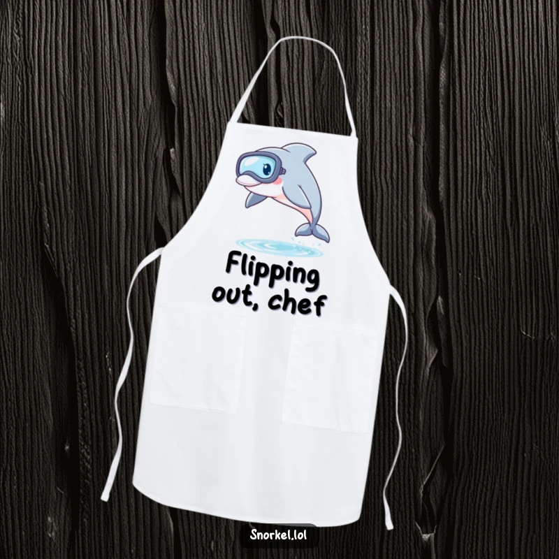 Funny Dolphin Snorkel Apron showing a playful dolphin with a snorkel mask, leaping from the water, designed for kitchen use with a fun, aquatic theme.