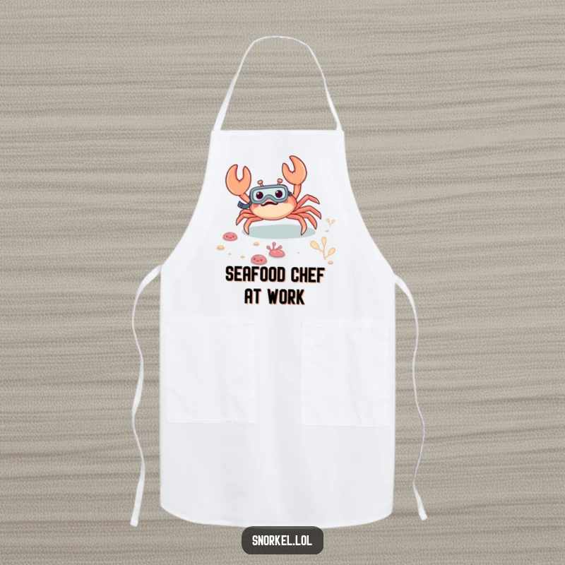 Funny crab apron, depicted in the act of excitedly scuttling on the seabed with a snorkel, ideal for kitchen humor.