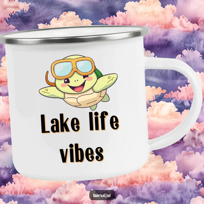 Funny Turtle Snorkel Camping Mug showing a happy turtle with a snorkel mask, swimming underwater, designed for outdoor use with a cheerful theme.