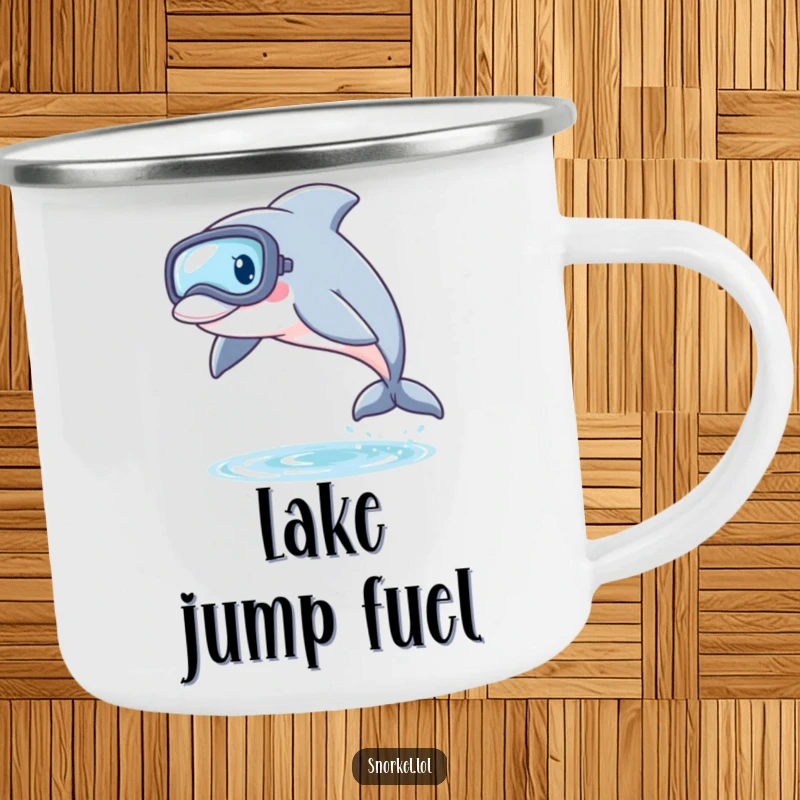 Funny Dolphin Snorkel Camping Mug showing a playful dolphin with a snorkel mask, leaping from the water, designed for outdoor use with a fun theme.
