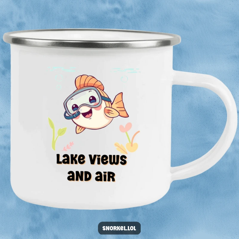 Funny happy fish wearing a snorkel mask, peeking from water, on a durable camping mug, perfect funny gift.
