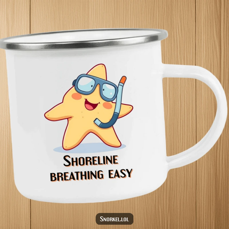 Funny cheerful starfish wiggling with snorkel, on a durable camping mug, perfect funny gift.