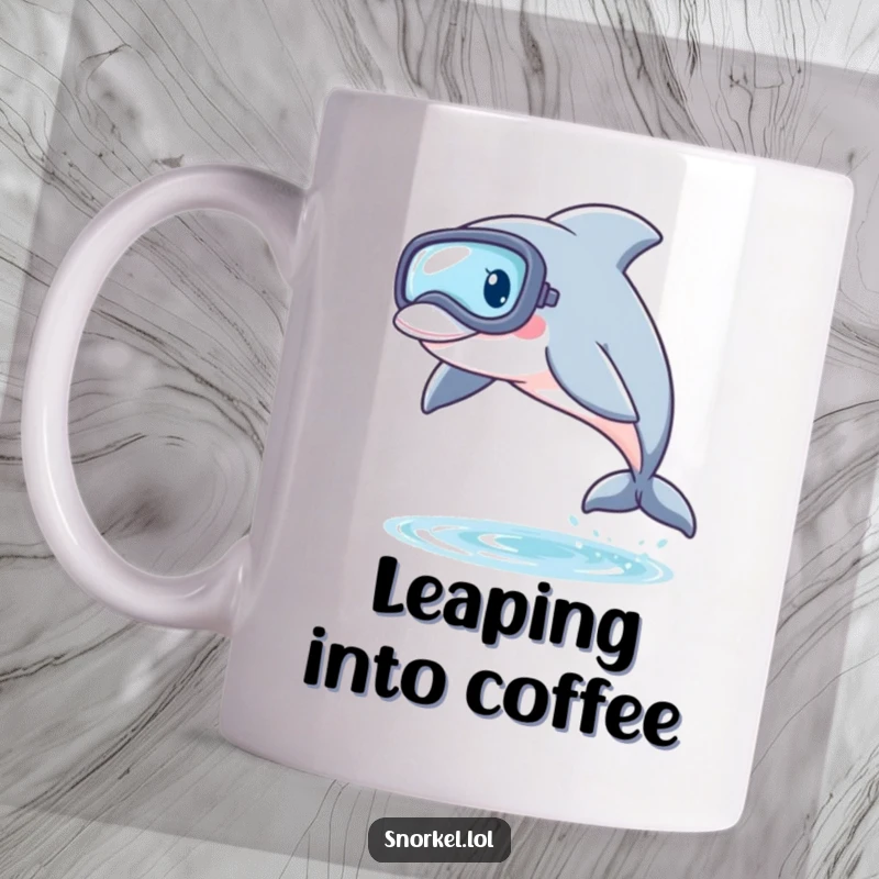 Funny Dolphin Snorkel Mug showcasing a playful dolphin wearing a snorkel mask, leaping energetically from the water with a joyful expression.