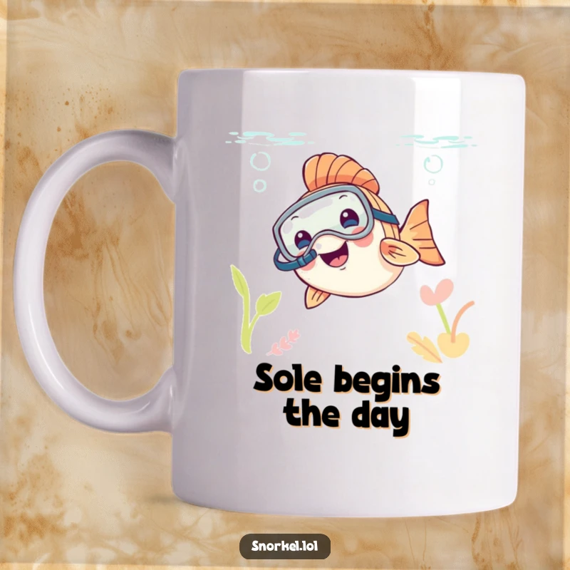 Funny happy fish wearing a snorkel mask, peeking curiously out of the water, depicted on a mug, great funny gift.