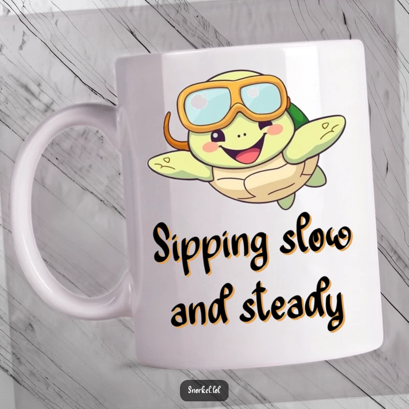 Funny Turtle Snorkel Mug featuring a happy turtle wearing a snorkel mask, swimming with a big smile underwater, conveying pure aquatic joy.