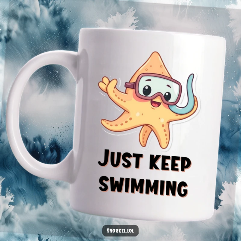 Funny starfish in snorkel mask waving, exploring the ocean, whimsical underwater art, perfect funny gift for divers.