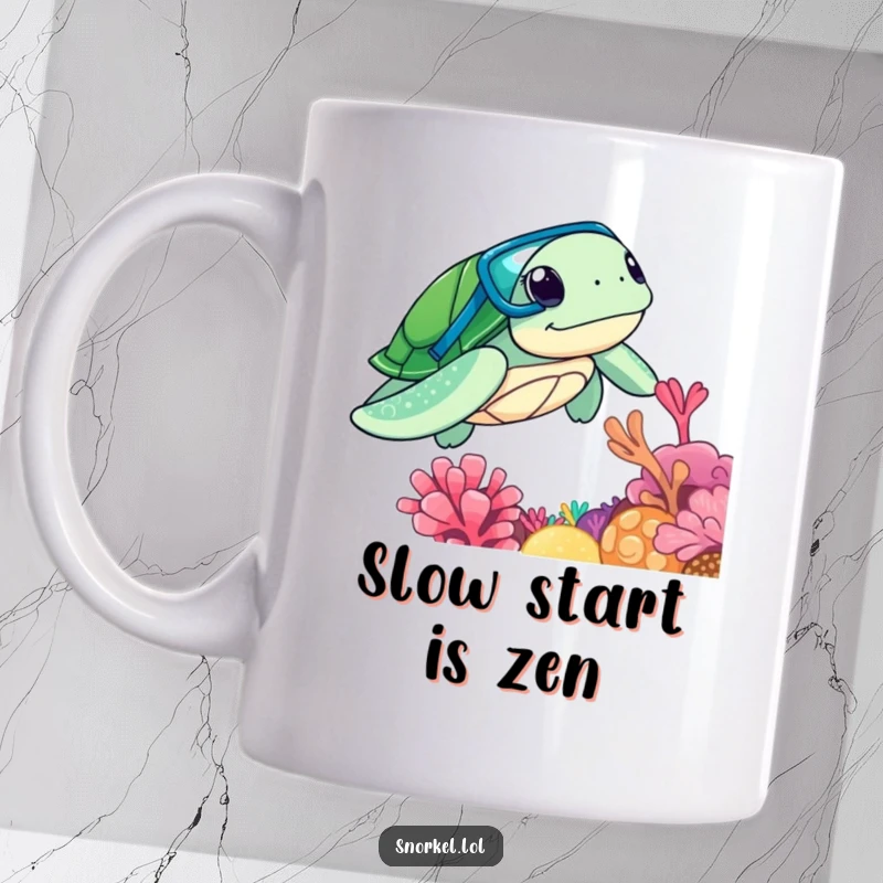 Funny curious sea turtle wearing a snorkel, exploring a vibrant coral reef, depicted on a mug, great funny gift.