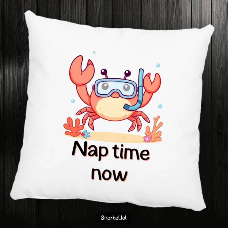 Funny crab pillow, waving cheerfully underwater with snorkel mask. This soft, happy crustacean design provides comfort and humor.