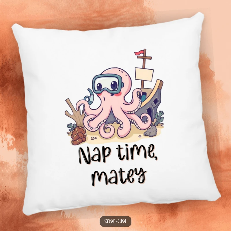 Funny octopus in snorkel mask, shipwreck pillow, delighted explorer theme, charming funny gift for home decor.