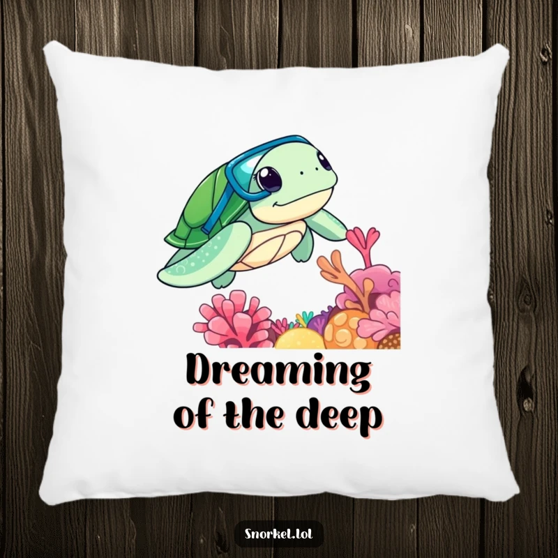 Funny sea turtle with snorkel, exploring coral reef, on a soft pillow, great funny gift.