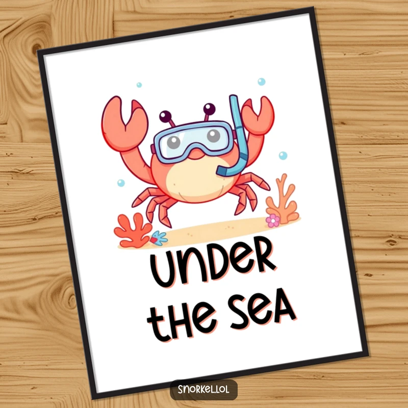 Funny crab digital art print, waving cheerfully underwater with snorkel mask. This happy crustacean design brings instant humor.