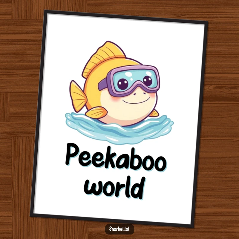 Funny fish digital art print, playfully peeking out of water with snorkel. This humorous aquatic design brings instant fun.