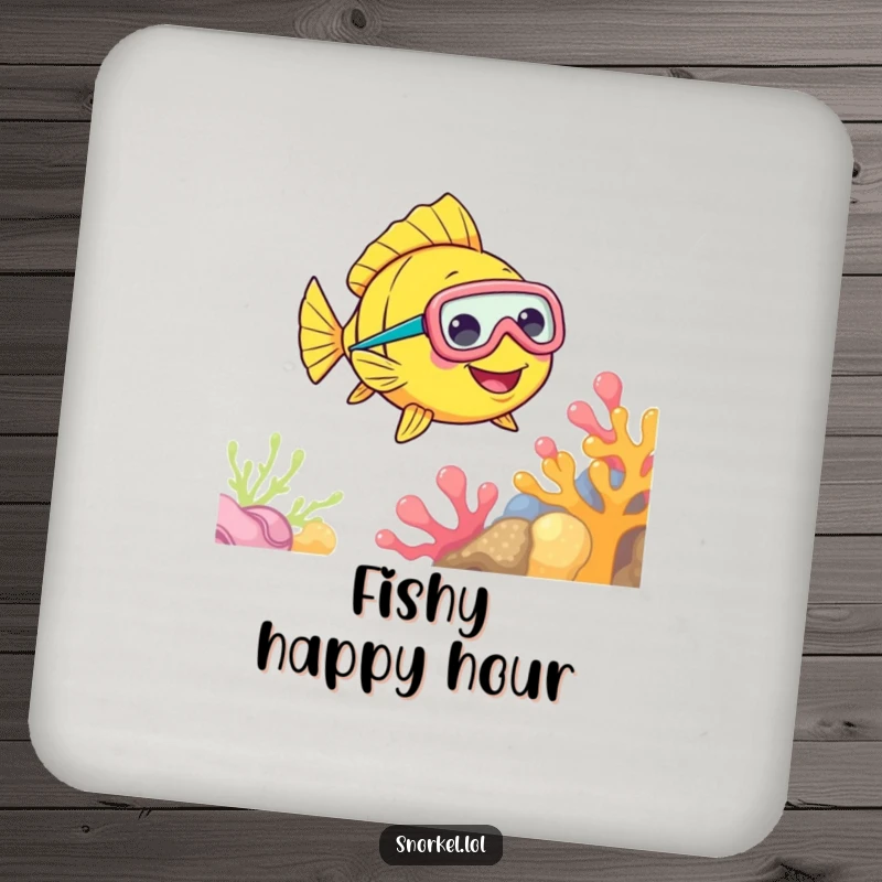 Funny Fish Snorkel Coaster depicting a cheerful fish with a snorkel mask, swimming near coral, offering surface protection and vibrant aquatic vibes.