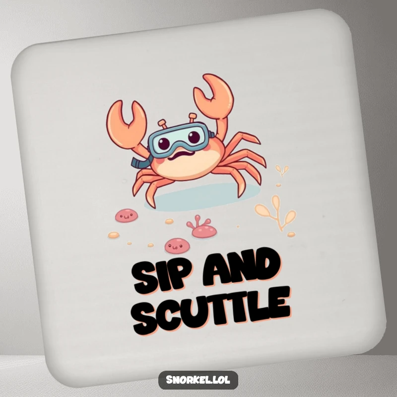 Funny crab coaster, excitedly scuttling on the seabed with a snorkel, adding a touch of playful aquatic decor to any surface.