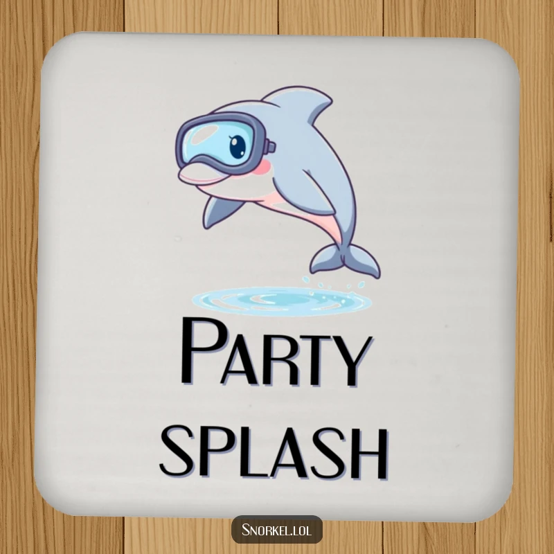 Funny Dolphin Snorkel Coaster depicting a playful dolphin with a snorkel mask, leaping from the water, offering surface protection and energetic aquatic vibes.
