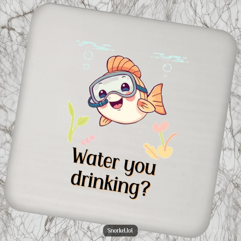Funny fish with snorkel mask, peeking from water, on a protective drink coaster, superb funny gift.