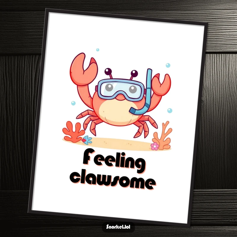 Funny crab poster, waving cheerfully underwater with snorkel mask. This happy crustacean artwork adds humor to walls.