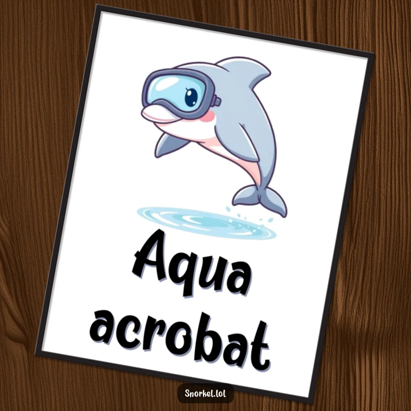 Funny Dolphin Snorkel Poster depicting a playful dolphin with a snorkel mask, leaping energetically from the water, creating dynamic ocean wall decor.