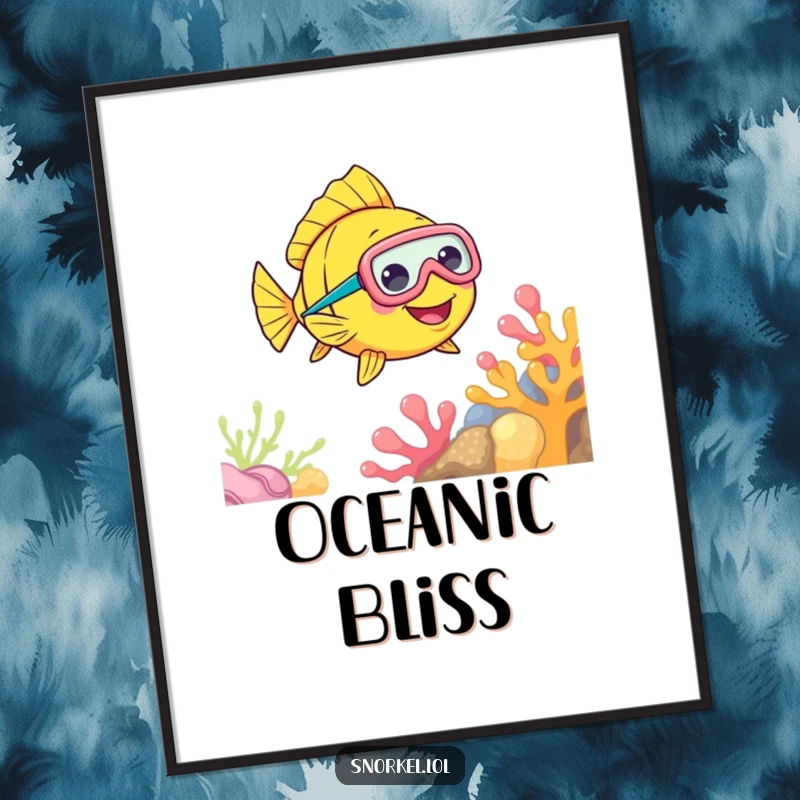 Funny Fish Snorkel Poster depicting a cheerful fish with a snorkel mask swimming near colorful coral, creating vibrant underwater wall decor.