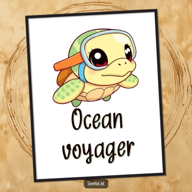 Funny sea turtle poster, excited with snorkel, ready to explore. This curious artwork adds humor to any room.