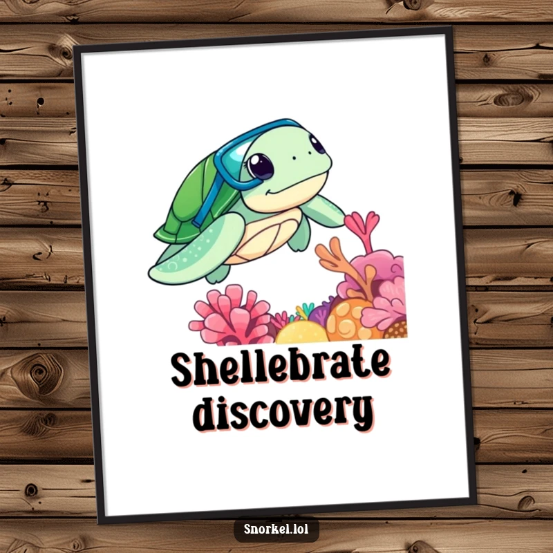 Funny curious sea turtle wearing snorkel, exploring a coral reef, showcased on a poster, perfect funny gift.