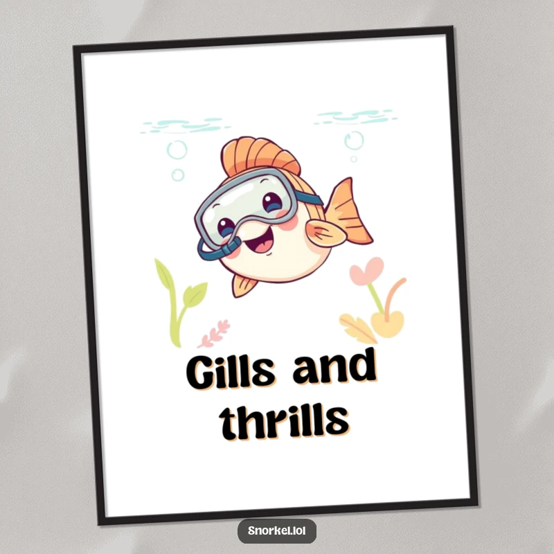 Funny happy fish wearing a snorkel mask, peeking out of the water, showcased on a poster, perfect funny gift.