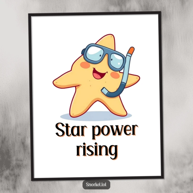Funny cheerful starfish wiggling with snorkel, showcased on a poster, perfect funny gift.