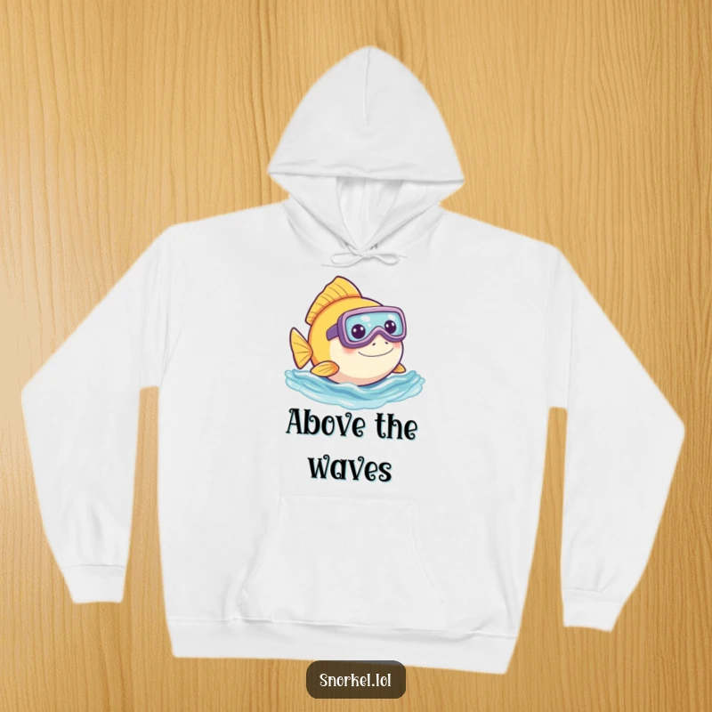 Funny fish hoodie, playfully peeking out of water with snorkel. This cozy, humorous design offers warmth and smiles.