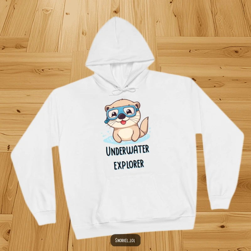 Funny otter hoodie with goggles and snorkel, swimming joyfully. This cozy, happy sea creature design offers warmth and humor.