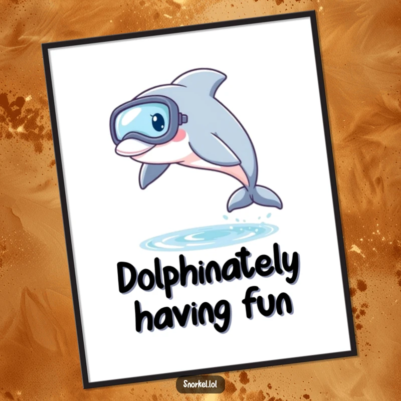 Funny Free Printable Wall Art: An energetic dolphin wearing a snorkel mask leaps dynamically from the water.