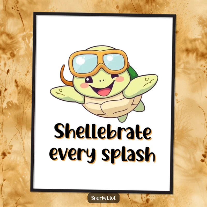 Funny Free Printable Wall Art: A happy turtle wearing a snorkel mask swims with a big smile, radiating pure joy.