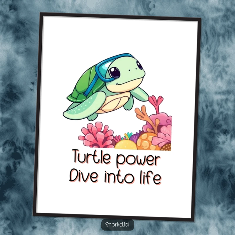 Funny Free Printable Wall Art: A curious sea turtle with snorkel gear explores a detailed, colorful coral reef.