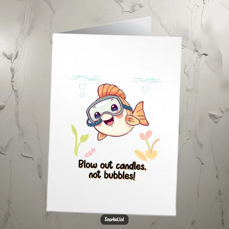 Funny Free Printable Birthday Card: A happy fish wearing a snorkel mask peeks curiously out of the water.