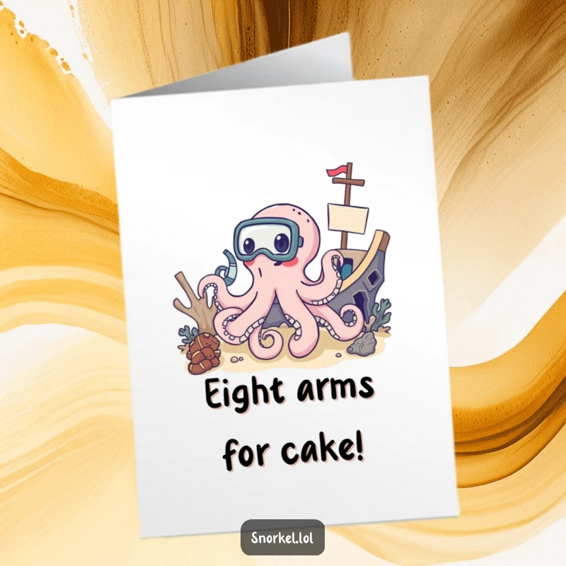 Funny Free Printable Birthday Card: Delighted octopus in snorkel mask exploring a shipwreck, full of wonder.