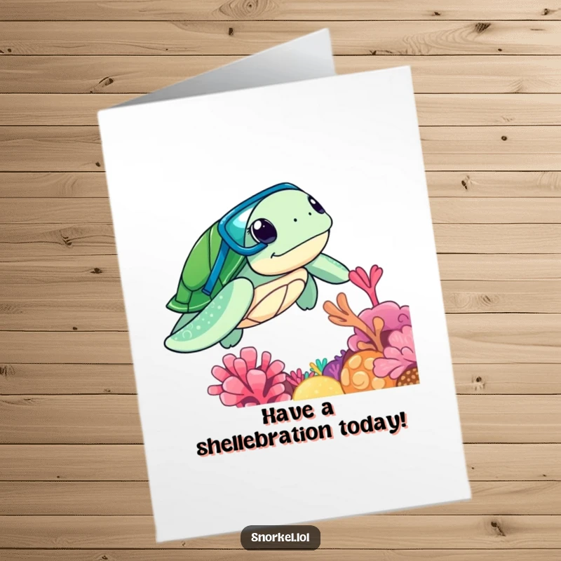 Funny Free Printable Birthday Card: A curious sea turtle with a snorkel mask swims through a colorful coral reef.