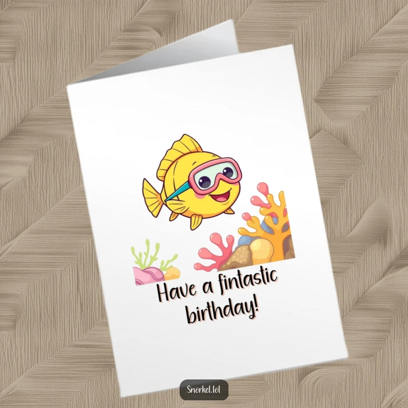 Funny Free Printable Birthday Card: A cheerful fish with a snorkel mask swims near colorful coral, wishing happy birthday.