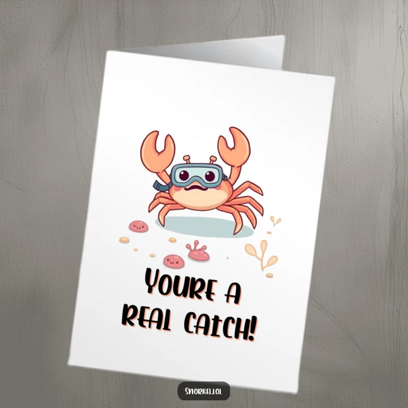 Funny Free Printable Congrats Card: Excited crab wearing a snorkel, gleefully scuttling on the ocean floor, celebrating a win.