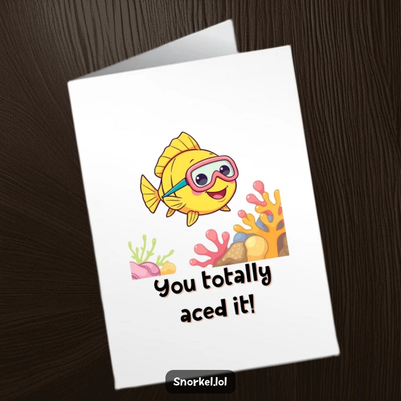 Funny Free Printable Congratulations Card: A cheerful fish with a snorkel mask swims by coral, celebrating success.