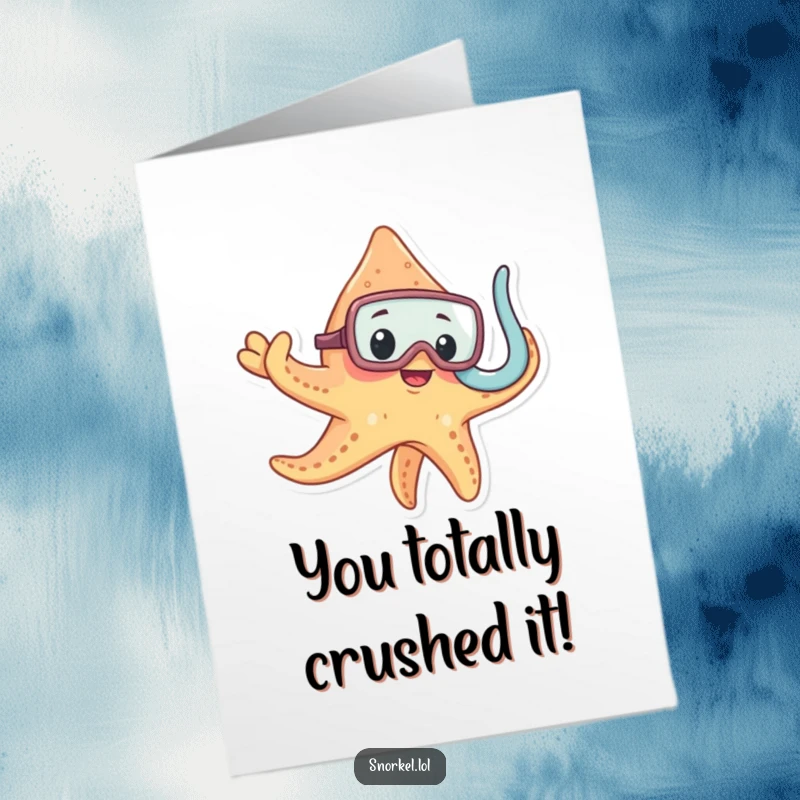 Funny Free Printable Congratulations Card: Starfish wearing snorkel mask waves enthusiastically, celebrating an achievement.