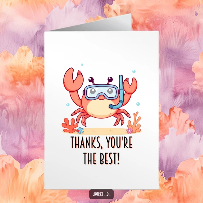 Funny Free Printable Thank You Card: A smiling crab in a snorkel mask waves a friendly thank you from the ocean depths.
