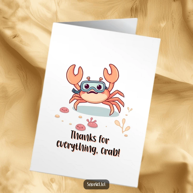 Funny Free Printable Thank You Card: Giddy crab with snorkel, exploring the seabed, expressing joyful gratitude underwater.