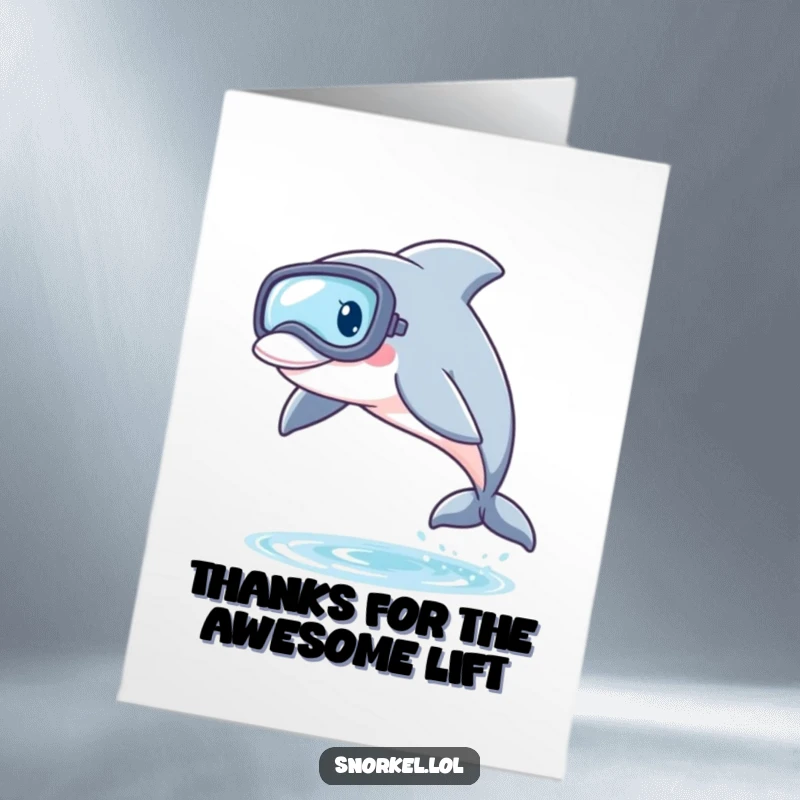 Funny Free Printable Thank You Card: A playful dolphin with a snorkel mask leaps from the water, expressing thanks.
