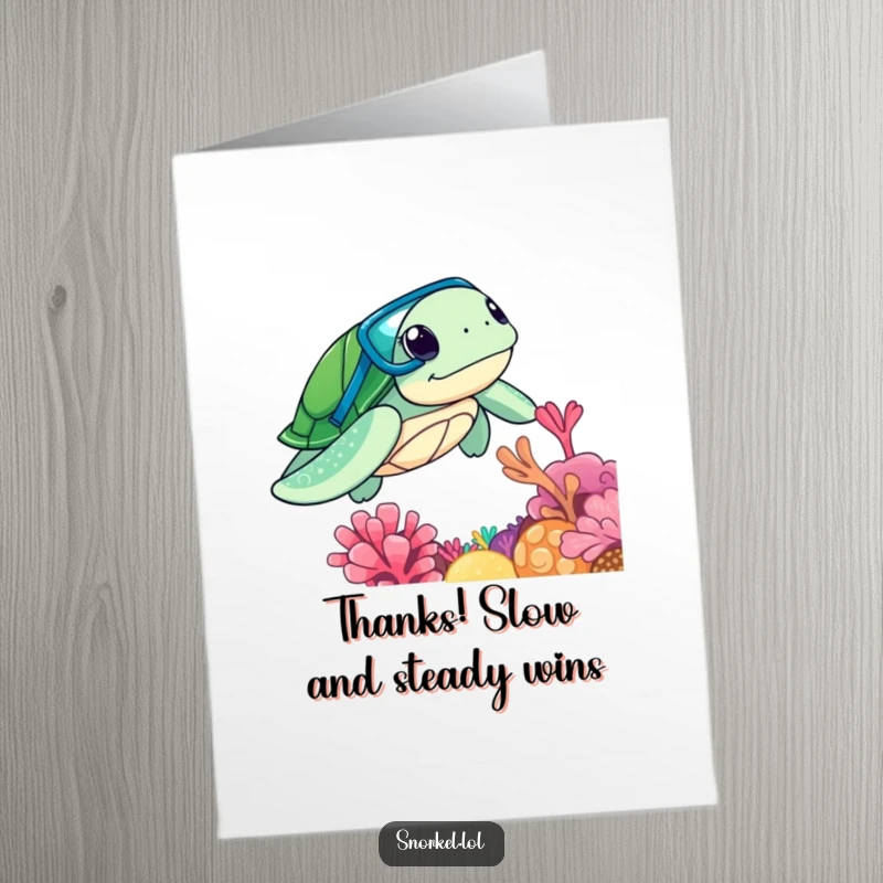 Funny Free Printable Thank You Card: A curious sea turtle with a snorkel explores a coral reef, conveying thanks.