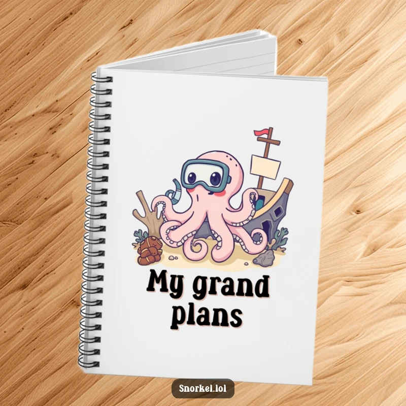 Funny delighted octopus wearing snorkel mask, shipwreck notebook, ocean explorer journal, excellent funny gift for writers.