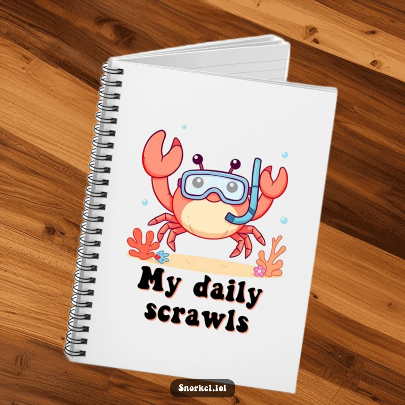 Funny crab notebook, waving cheerfully underwater with snorkel mask. This happy creature design is perfect for notes.