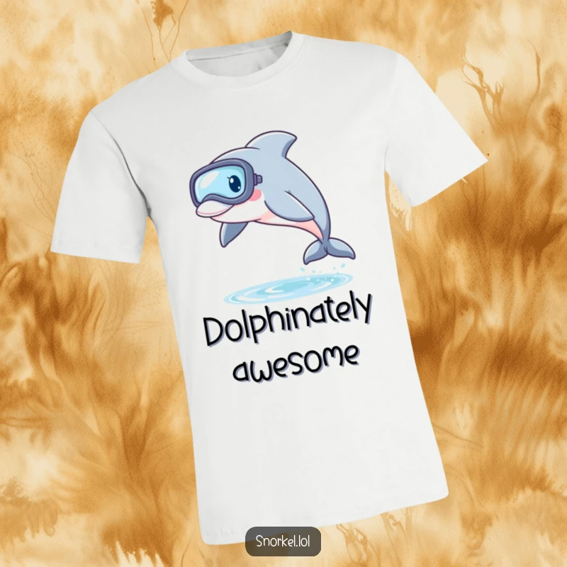 Funny Dolphin Snorkel T-Shirt featuring a playful dolphin with a snorkel mask, leaping from the water, ideal for energetic casual wear.