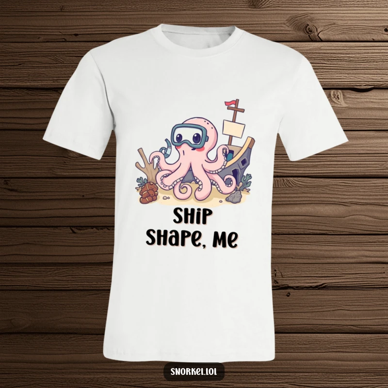 Funny octopus in snorkel mask exploring shipwreck, delighted diver t-shirt, humorous sea explorer apparel, great funny gift.