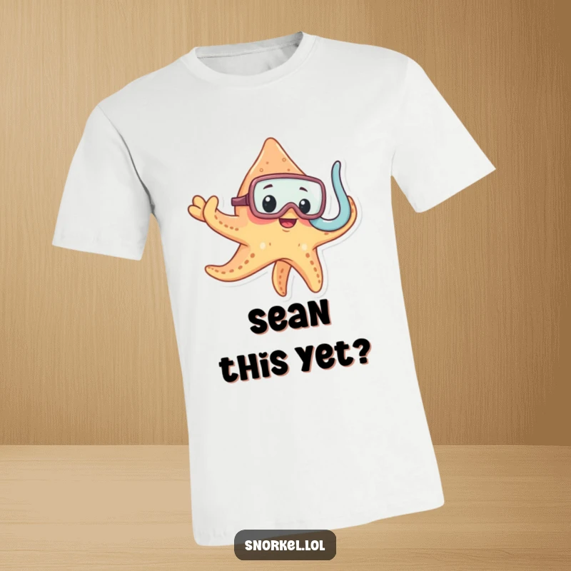 Funny starfish wearing snorkel mask and waving, curious sea creature t-shirt design, funny beach apparel, ocean lover gift.