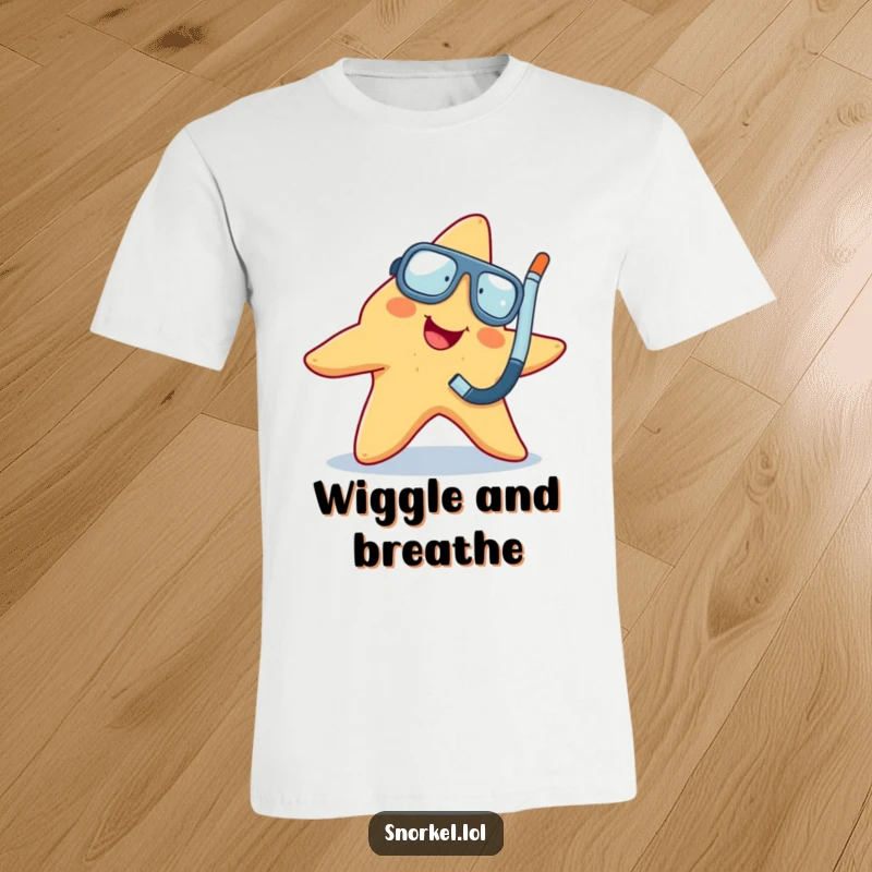 Funny starfish wiggling happily with a snorkel attached, printed on a fun t-shirt, excellent funny gift.