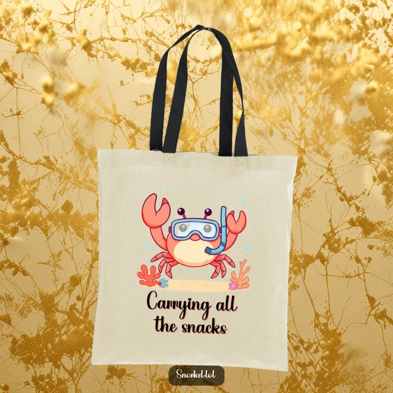 Funny crab tote bag, waving cheerfully underwater with snorkel mask. This durable, happy crustacean design is perfect for carrying essentials.